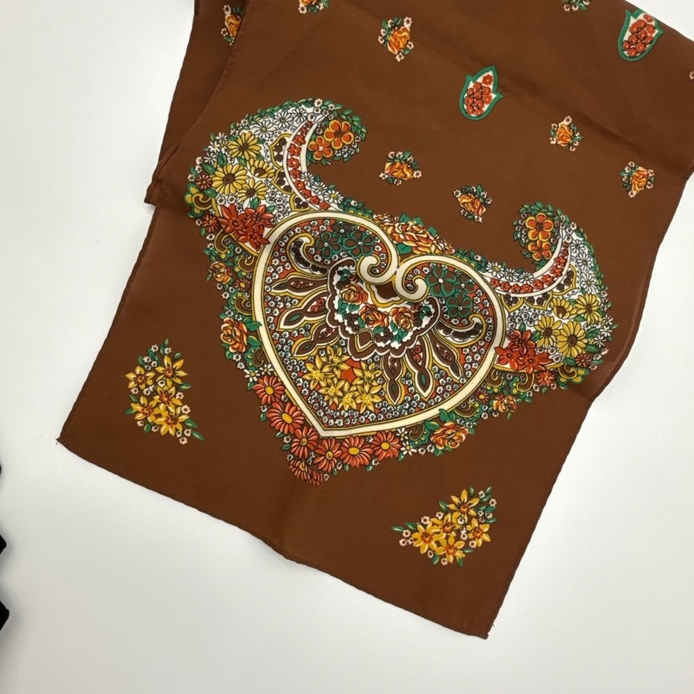 Vintage Brown Floral Paisley Oblong Scarf Made in Japan Retro 70s Polyester